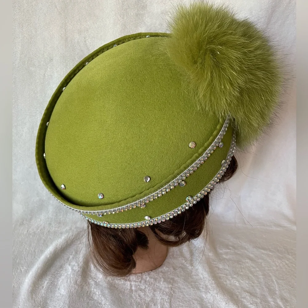 Stunning Mr D’s Vintage hat green wool and rhinestones Sunday church wedding
